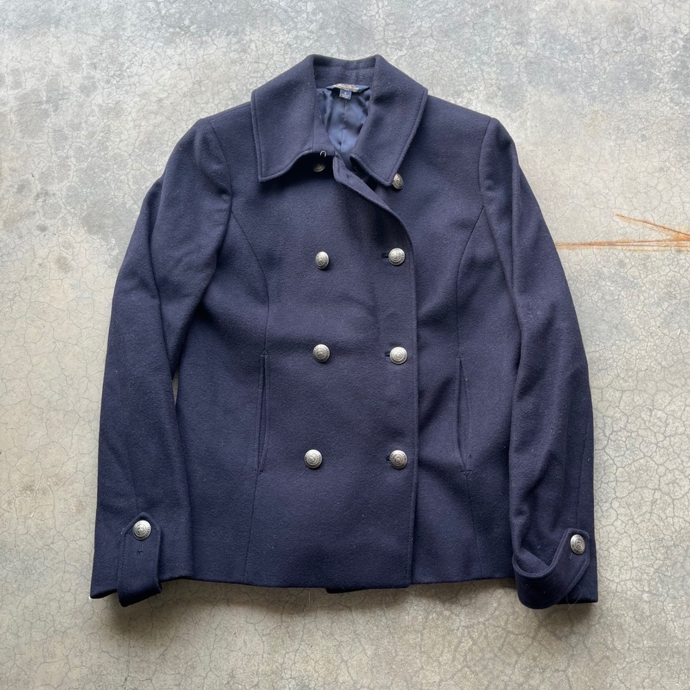 Brooks Brothers Navy Blue Wool Blend Double Breasted Peacoat Silver Crest Button